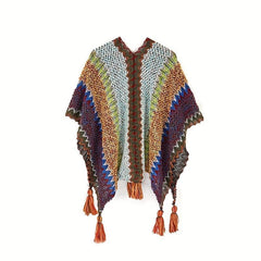 Boho Plaid Tassel Shawl Vintage Knit Cape Wrap