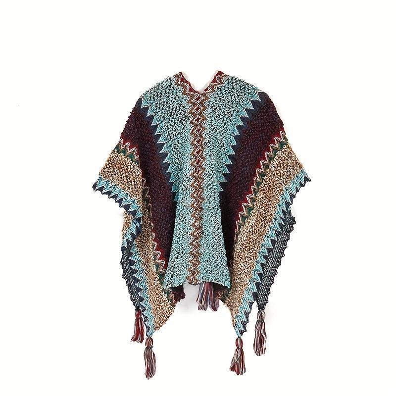 Boho Plaid Tassel Shawl Vintage Knit Cape Wrap