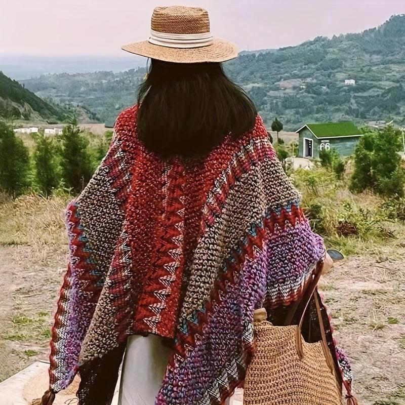 Boho Plaid Tassel Shawl Vintage Knit Cape Wrap