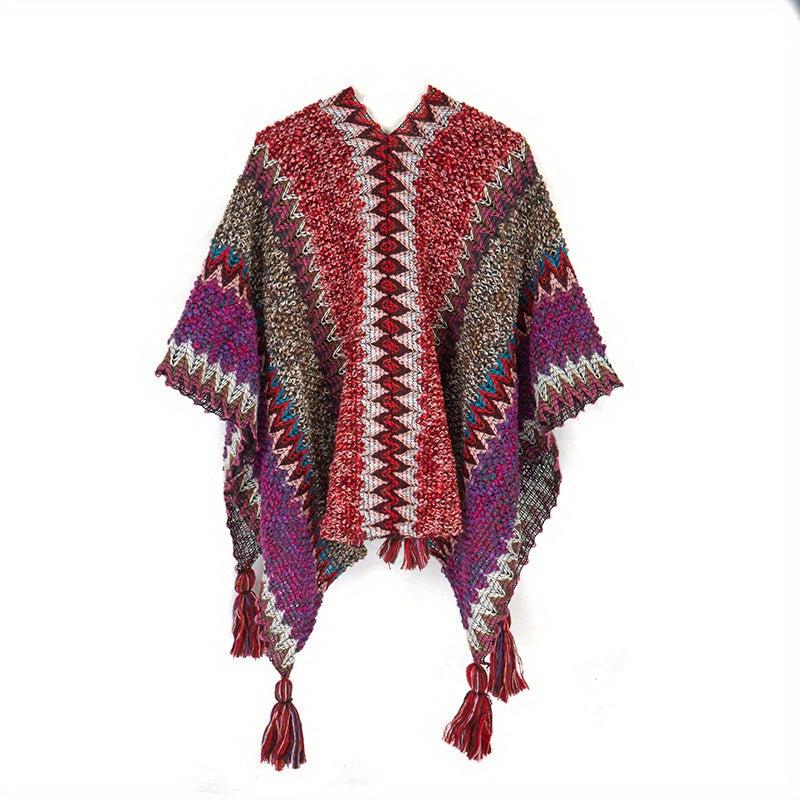 Boho Plaid Tassel Shawl Vintage Knit Cape Wrap