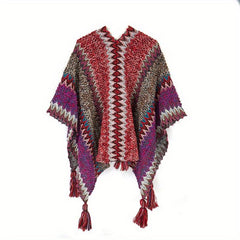 Boho Plaid Tassel Shawl Vintage Knit Cape Wrap