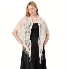 Hollow Out Tassel Shawl Thin Breathable Triangle Scarf Wraps Solid Cape