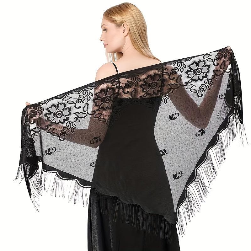 Hollow Out Tassel Shawl Thin Breathable Triangle Scarf Wraps Solid Cape