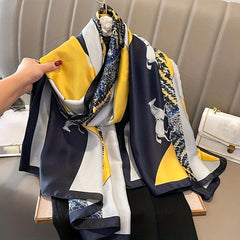 Horse Printed Satin Scarf Vintage Block Shawl Silk Windproof Head Wrap