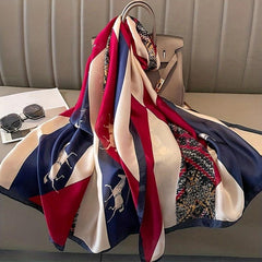 Horse Printed Satin Scarf Vintage Block Shawl Silk Windproof Head Wrap
