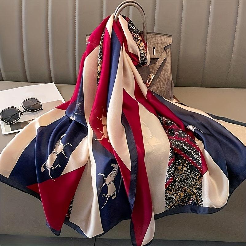 Horse Printed Satin Scarf Vintage Block Shawl Silk Windproof Head Wrap