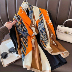 Horse Printed Satin Scarf Vintage Block Shawl Silk Windproof Head Wrap