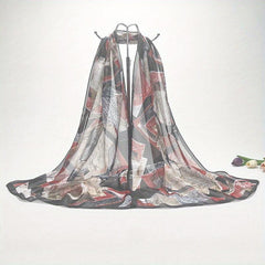 Vintage Leaf Print Chiffon Scarf Thin Gauze Shawl