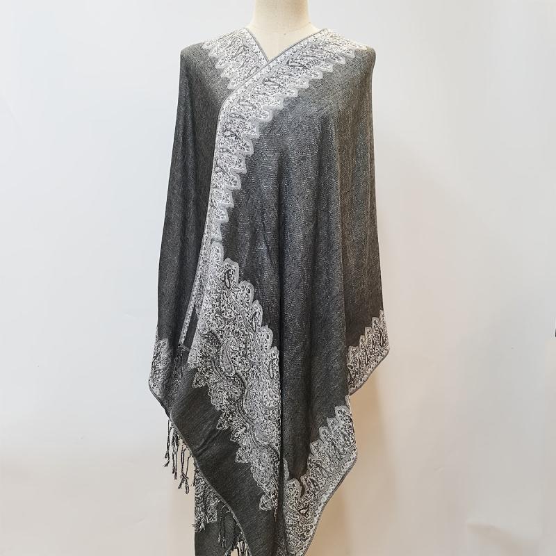 Gray Paisley Jacquard Tassel Scarf Block Wrap Windproof Shawl