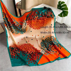 Block Leaf Print Shawl Bandana Silk Square Scarf Head Wrap