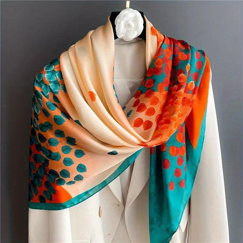 Block Leaf Print Shawl Bandana Silk Square Scarf Head Wrap
