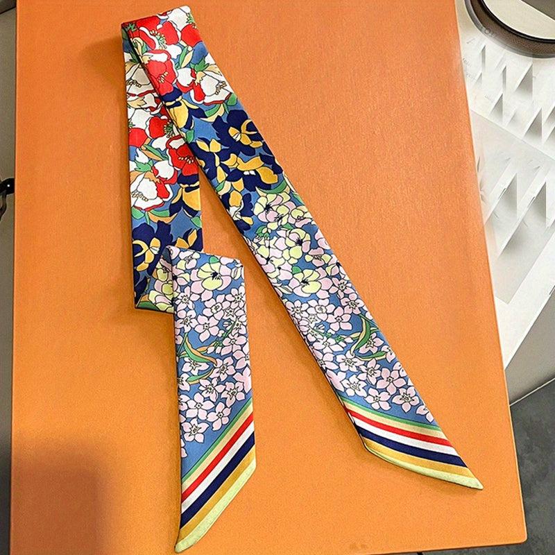 Flower Print Ribbon Skinny Scarf Boho Neck Tie Scarf Women Casual