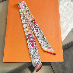 Flower Print Ribbon Skinny Scarf Boho Neck Tie Scarf Women Casual