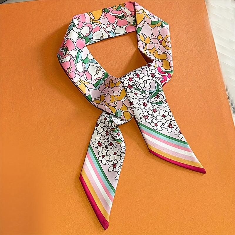 Flower Print Ribbon Skinny Scarf Boho Neck Tie Scarf Women Casual
