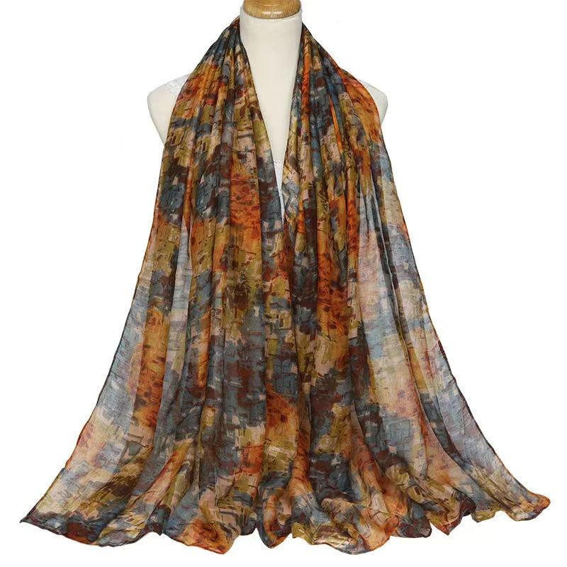 Women's Printed Shawl Silk Scarf Windproof Warm Turban