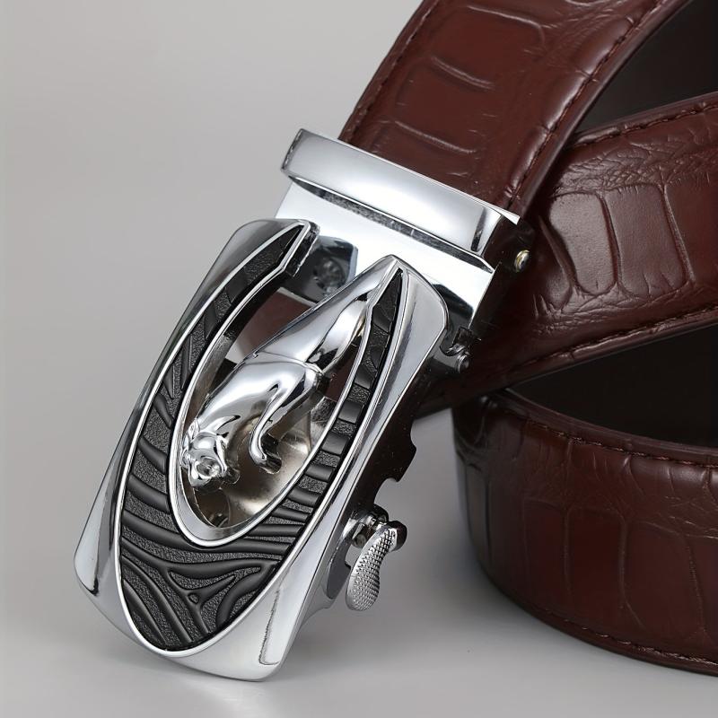 Men's Automatic Buckle Belt Geometric Leopard Carved Decor Belt
