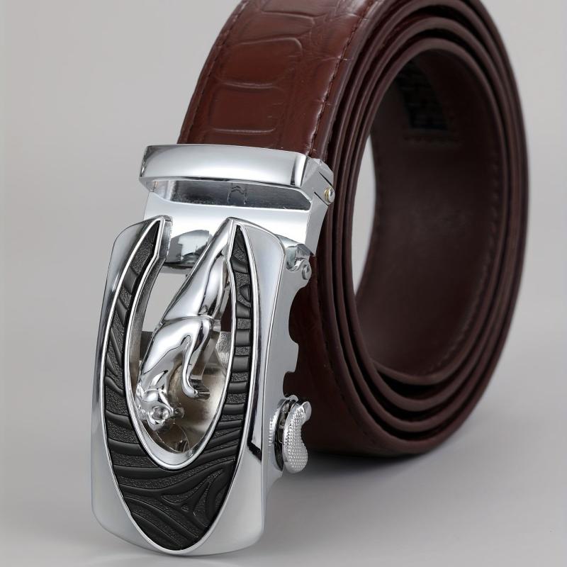 Men's Automatic Buckle Belt Geometric Leopard Carved Decor Belt
