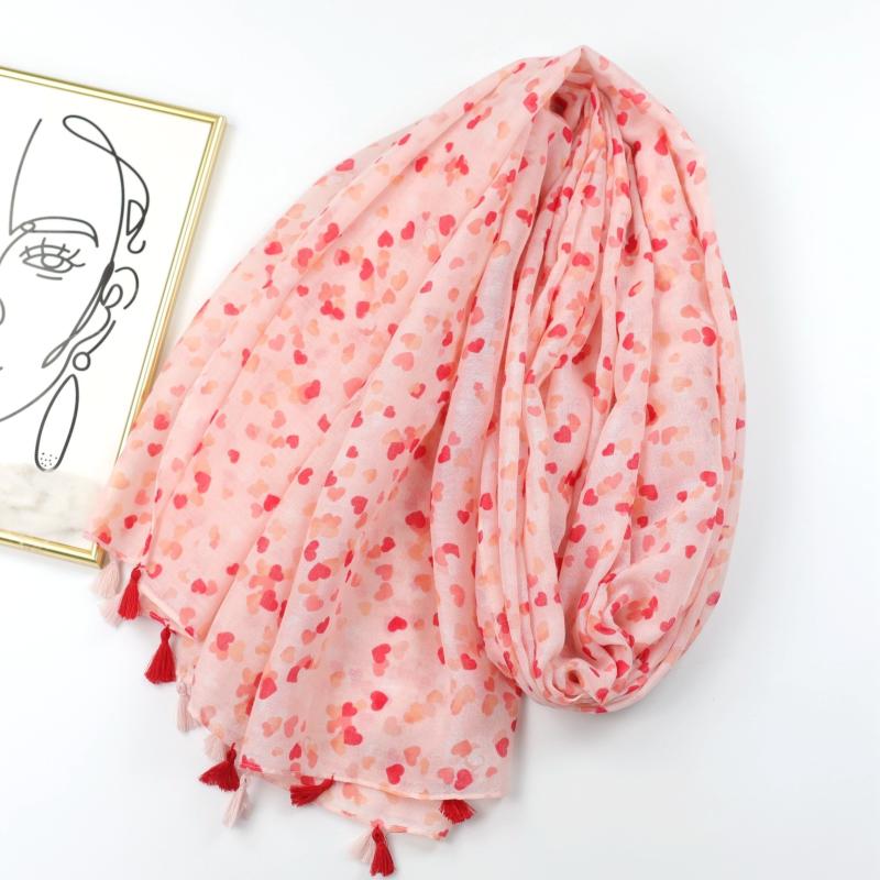 Pink Heart Print Tassel Scarf Shawl Head Wrap Sunscreen Travel Beach Towel