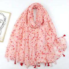 Pink Heart Print Tassel Scarf Shawl Head Wrap Sunscreen Travel Beach Towel