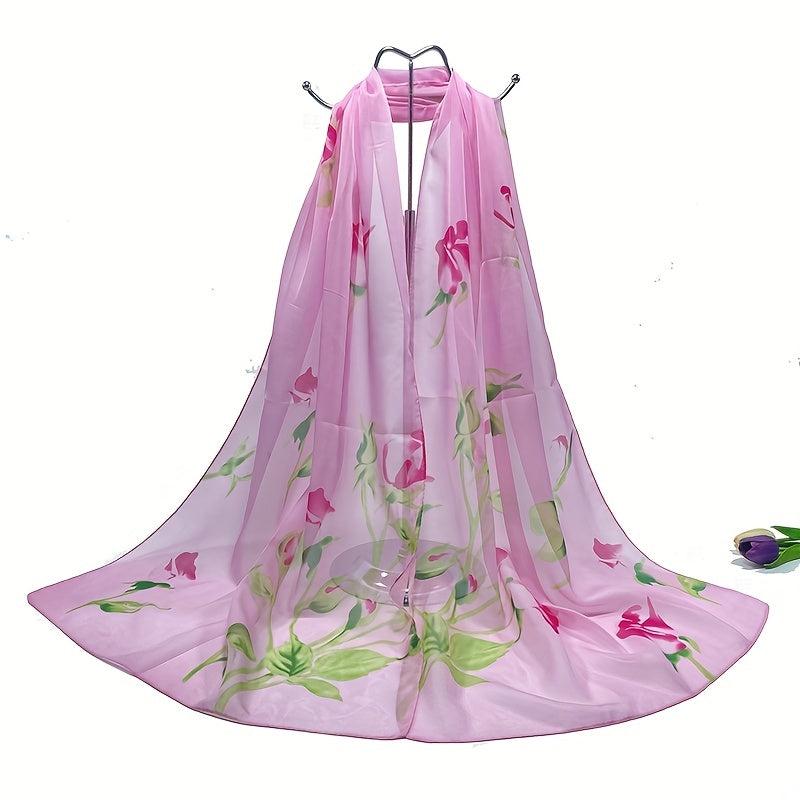 Rose Print Chiffon Scarf Thin Breathable Shawl