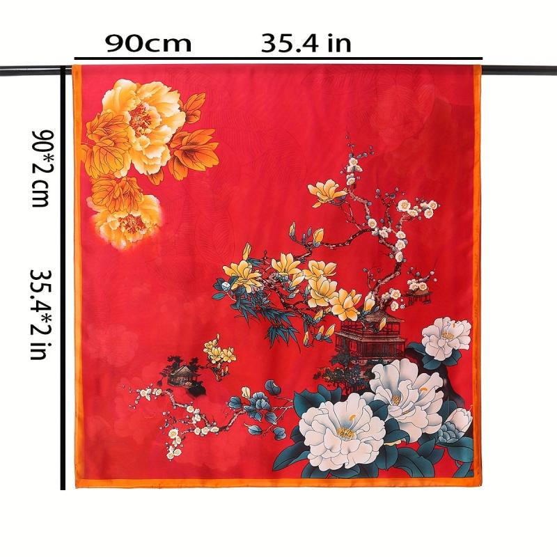 Vintage Peony Print Satin Silk Scarf Shawl Large Sunscreen Head Wrap