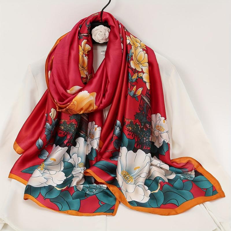 Vintage Peony Print Satin Silk Scarf Shawl Large Sunscreen Head Wrap