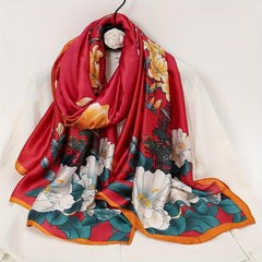 Vintage Peony Print Satin Silk Scarf Shawl Large Sunscreen Head Wrap