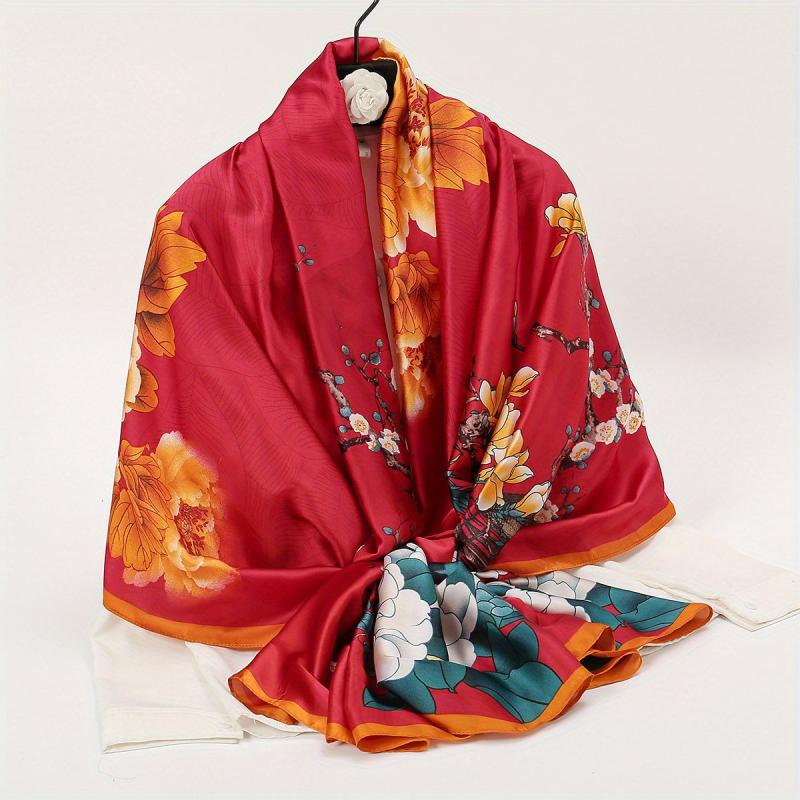 Vintage Peony Print Satin Silk Scarf Shawl Large Sunscreen Head Wrap