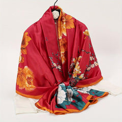 Vintage Peony Print Satin Silk Scarf Shawl Large Sunscreen Head Wrap