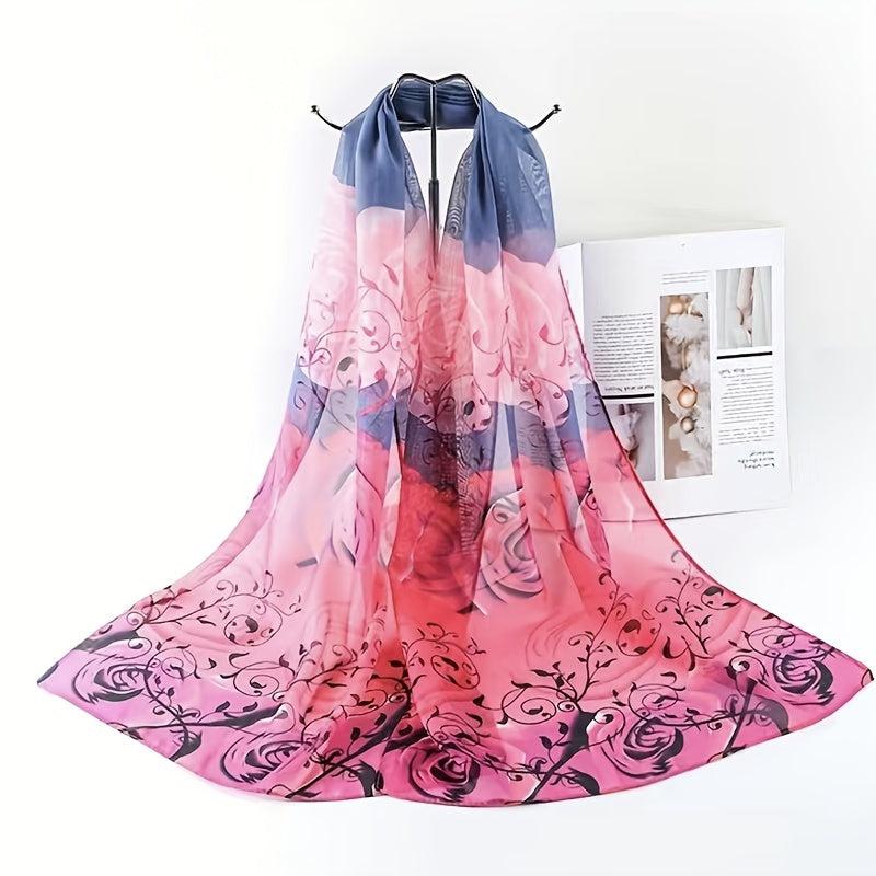 Silky Scarf Lightweight Sunscreen Shawl Rose Printed Wrap