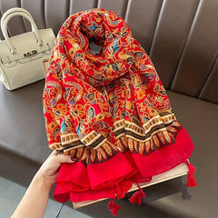 Floral Print Scarf with Tassels for Women