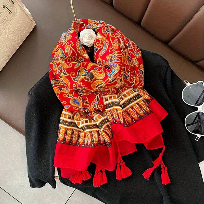 Floral Print Scarf with Tassels for Women