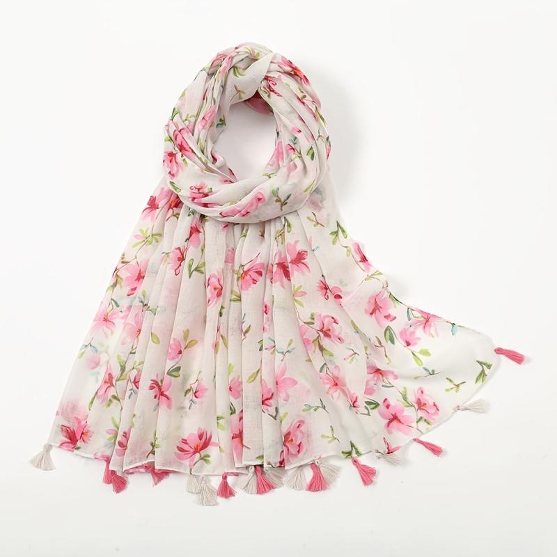 Floral Chiffon Printed Scarf Silk Bandana Tassel Shawl