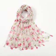 Floral Chiffon Printed Scarf Silk Bandana Tassel Shawl