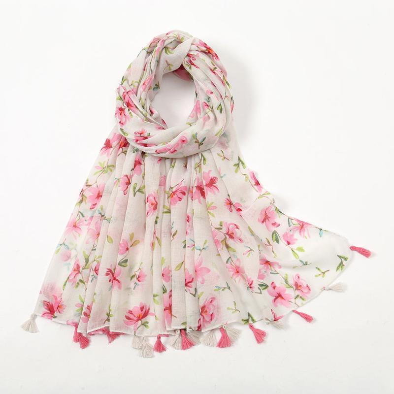 Floral Chiffon Printed Scarf Silk Bandana Tassel Shawl