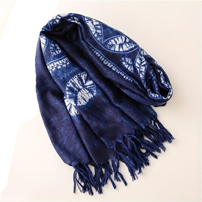 Geometric Leaf Print Scarf Tassel Shawl Vintage Hijab Boho Turban