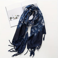 Geometric Leaf Print Scarf Tassel Shawl Vintage Hijab Boho Turban