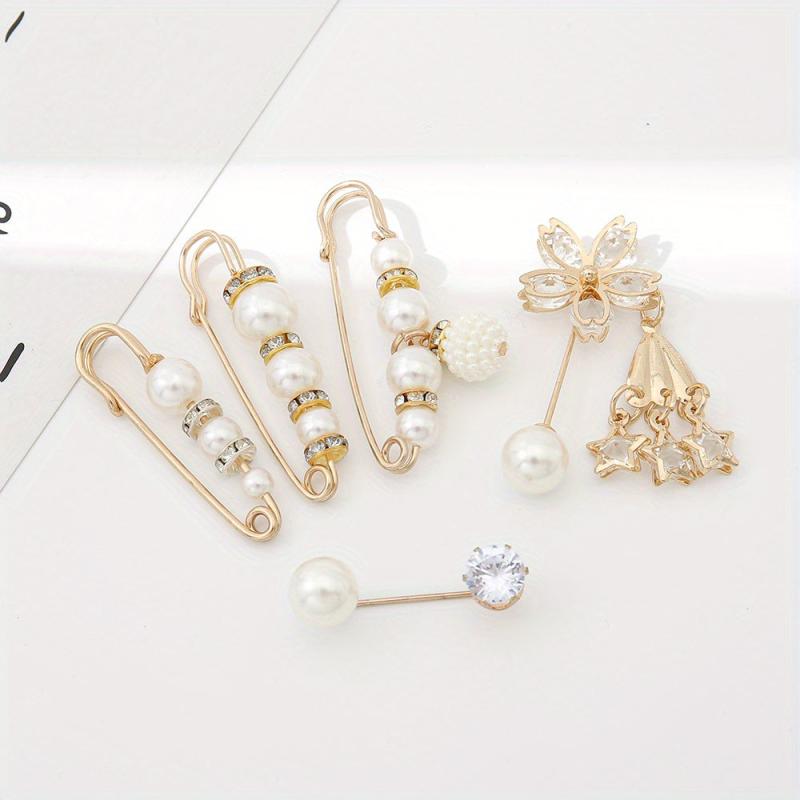 5pcs Pearl Decorated Scarf Pins Waist Safety Pins Brooches