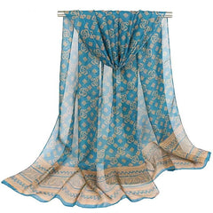Boho Vintage Print Chiffon Silk Scarf- Long Sunscreen Shawl Wrap