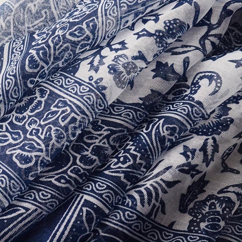 Navy Floral Print Scarf Tassel Shawl Boho Windproof Head Wrap Sunscreen