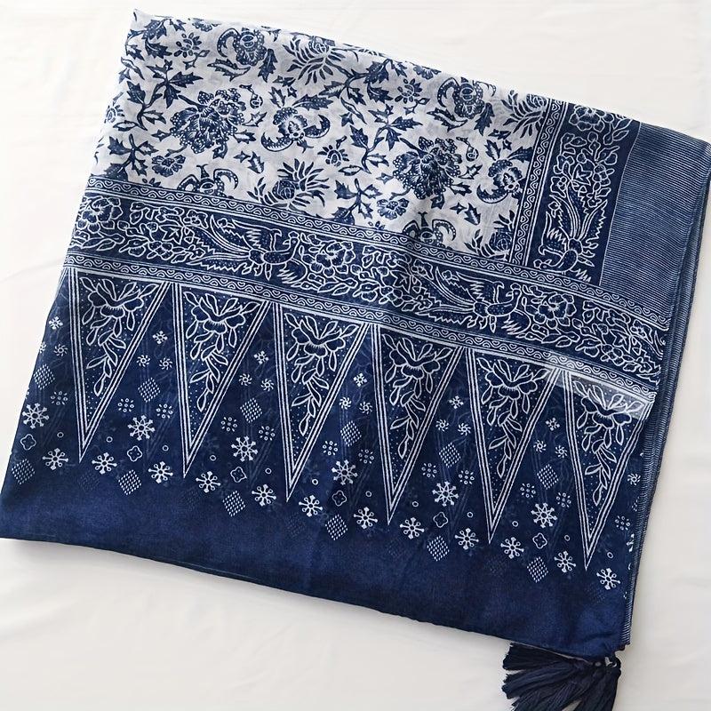 Navy Floral Print Scarf Tassel Shawl Boho Windproof Head Wrap Sunscreen