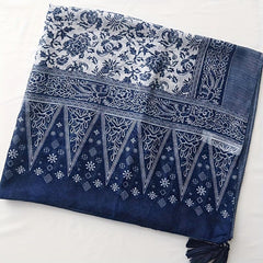Navy Floral Print Scarf Tassel Shawl Boho Windproof Head Wrap Sunscreen