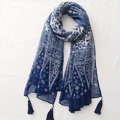 Navy Floral Print Scarf Tassel Shawl Boho Windproof Head Wrap Sunscreen