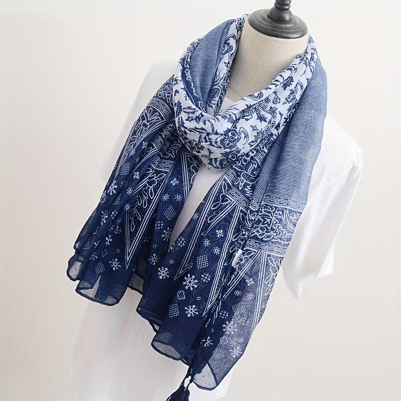 Navy Floral Print Scarf Tassel Shawl Boho Windproof Head Wrap Sunscreen