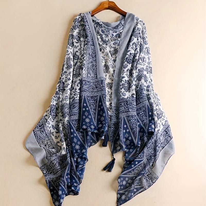 Navy Floral Print Scarf Tassel Shawl Boho Windproof Head Wrap Sunscreen