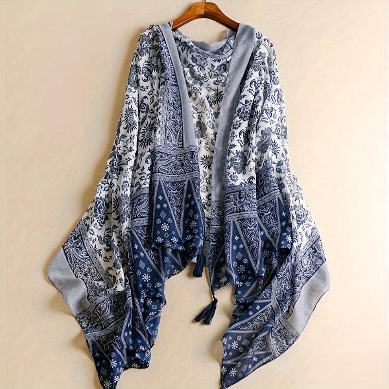Navy Floral Print Scarf Tassel Shawl Boho Windproof Head Wrap Sunscreen