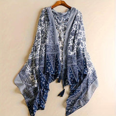 Navy Floral Print Scarf Tassel Shawl Boho Windproof Head Wrap Sunscreen