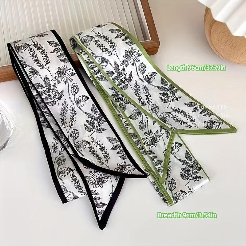 3pcs Plant Printed Skinny Scarf Silky Satin Ribbon Long Headband