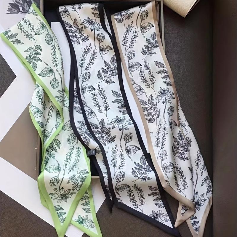 3pcs Plant Printed Skinny Scarf Silky Satin Ribbon Long Headband