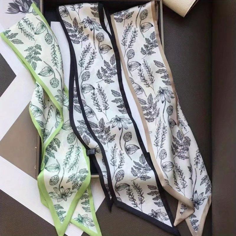 3pcs Plant Printed Skinny Scarf Silky Satin Ribbon Long Headband